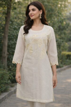 Off-White Cotton Net Kurti
