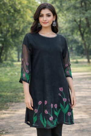 Black Cotton Net Kurti