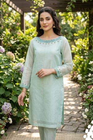 Ice Blue Cotton Net Kurti